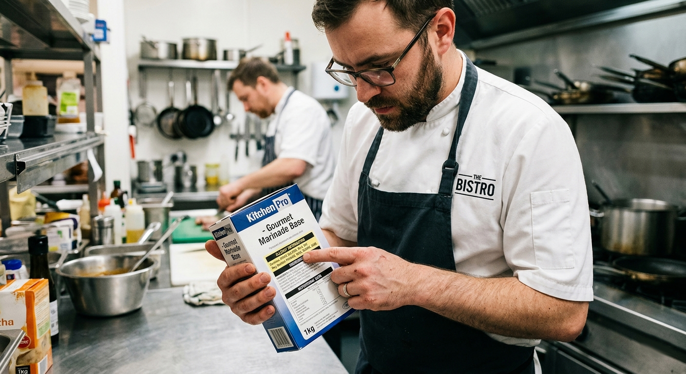A kitchen team member checking the 14 allergens poster while holding a packaged ingredient, confirming which allergens it contains.